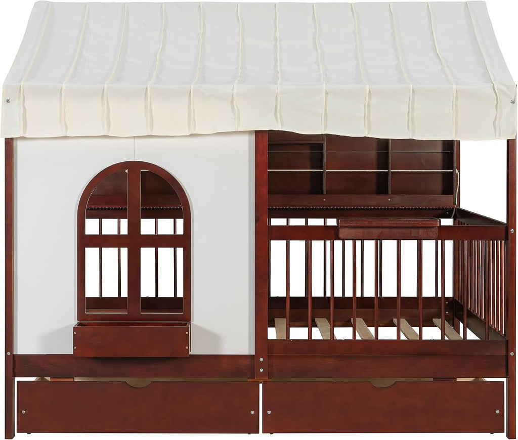 House Bed with 2 Large Drawers and Side Bookshelf, Espresso