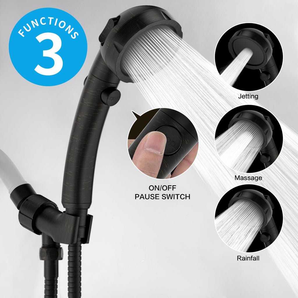 High Pressure Oil-Rubbed Bronze Handheld Shower Head with ON/OFF Switch, 3 Spray Modes, Adjustable Angle Bracket, and