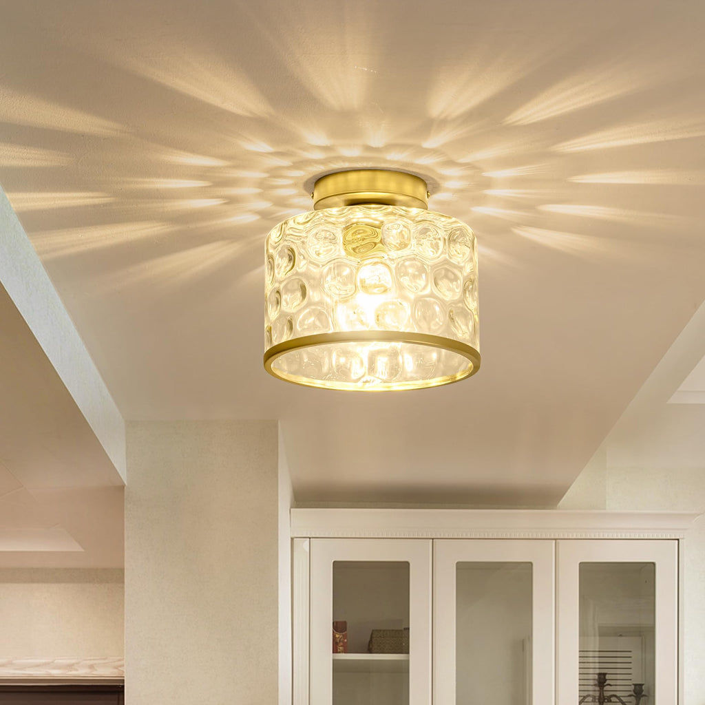 Gold Flush Mount Ceiling Light with Clear Hammered Glass lampshade, Farmhouse Ceiling Lights Fixture in Satin Brass