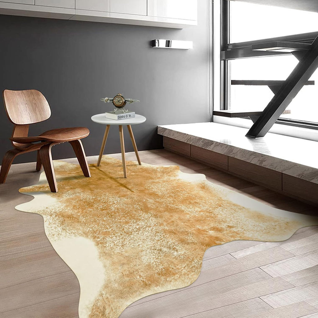 Washable Cowhide Rug , Large 6x7 Khaki Faux Cow Print Area Rugs, Non Slip Animal Sk Carpet, Rustic Western Home Decor