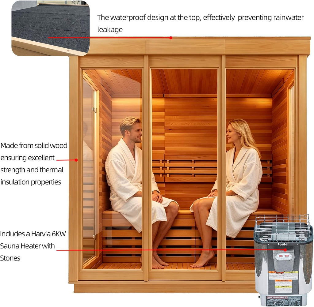 Outdoor 3-4 Person Steam Sauna, Canadian Red Cedar Sauna Room , Withstand Outdoor Temp 6KW ETL Heater 220V/195°F