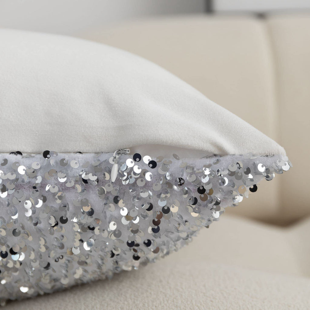 Set of 2 Silver White Glitzy Sequin Throw Pillow Covers Sparkling Decorative Gilter Metallic Square Cushion Cover