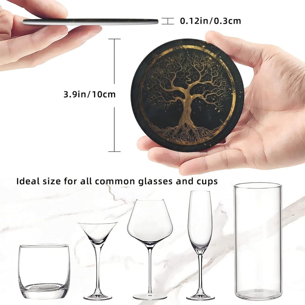 Drink Coasters with Holder Stand, Marble Gold Tree of Life Pu Leather Absorbent Coasters with Cork Base - Set of 6