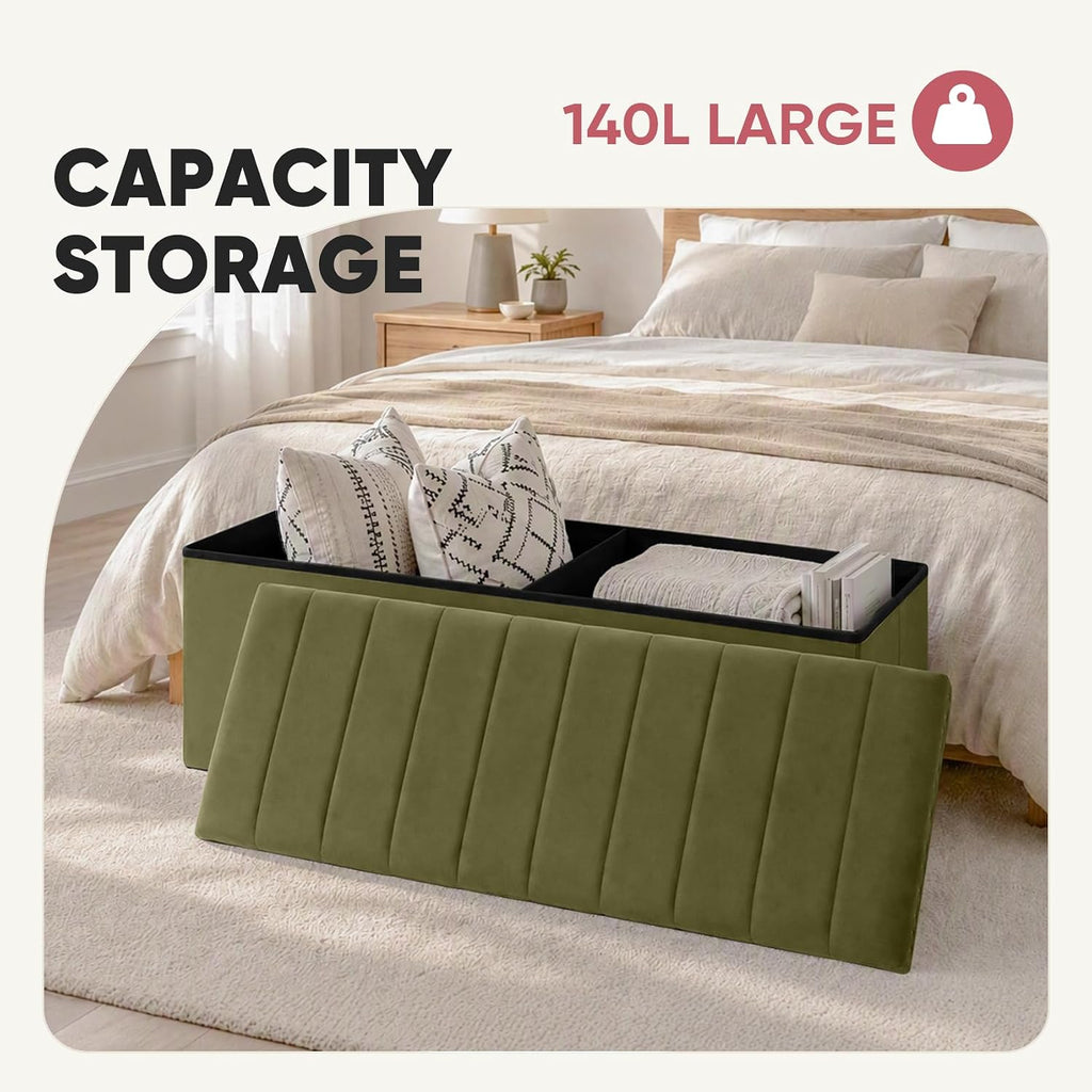 43 Inches Velvet Storage Ottoman Bench | Folding Upholstered Ottoman with Storage , End of Bed, 140L Capacity
