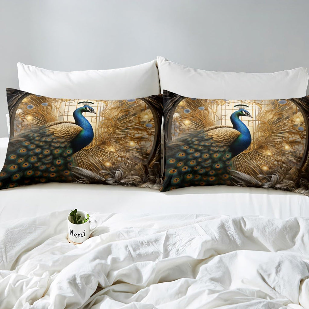 Peacock Comforter Set Exotic Birds Animal Bedding Queen, Elegant Gorgeous Golden Feather Bedding Comforter Sets