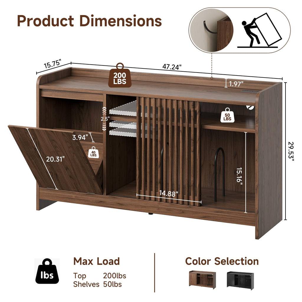 48" Record Player Stand w/Flip-Out Storage Cabinet, Sliding Door