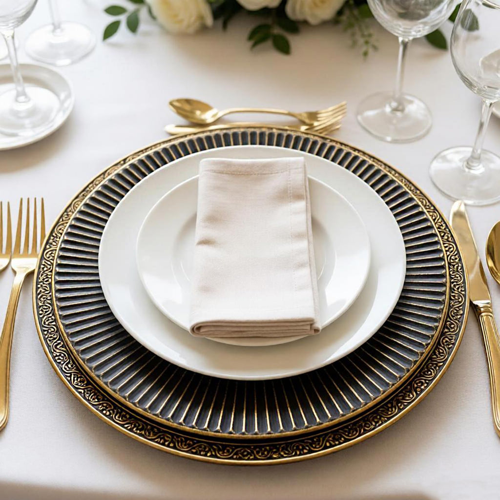 13" Antique Black Charger Plates Set of 6, Rim Ridged Plate Chargers, Round Charger for Dinner Plates, Plastic Table
