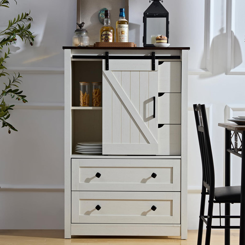 White Dresser with 5 Drawers, 48" Tall w/Sliding Barn Door, Farmhouse 5 Chest of Drawers, Antique White