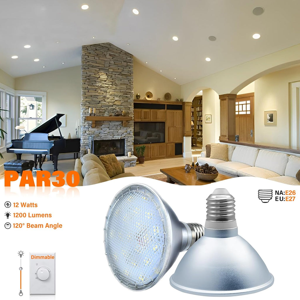 PAR30 Flood Lights LED Bulbs 12 Watt 1200 LM (75 Watt Eqv.) Dimmable Bulb Spotlight, 10% - 100% Brightness
