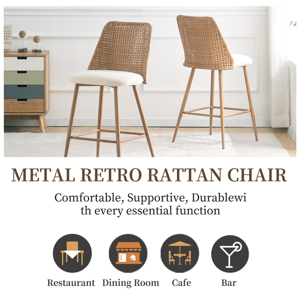 Rattan Bar Stools Set of 2, Modern Upholstered Counter Height Bar Stools with PE Rattan Back, 26" H Seat Height Bar