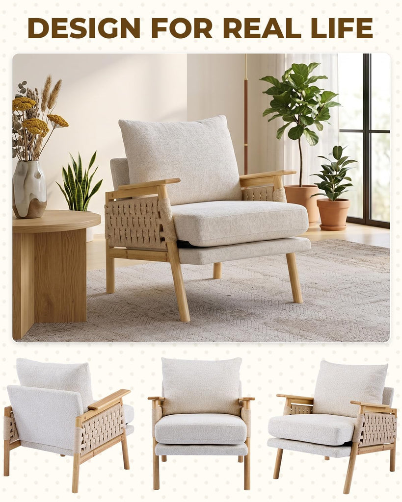 Mid-Century Modern Accent Chair, Woven Rope Arms, Beige