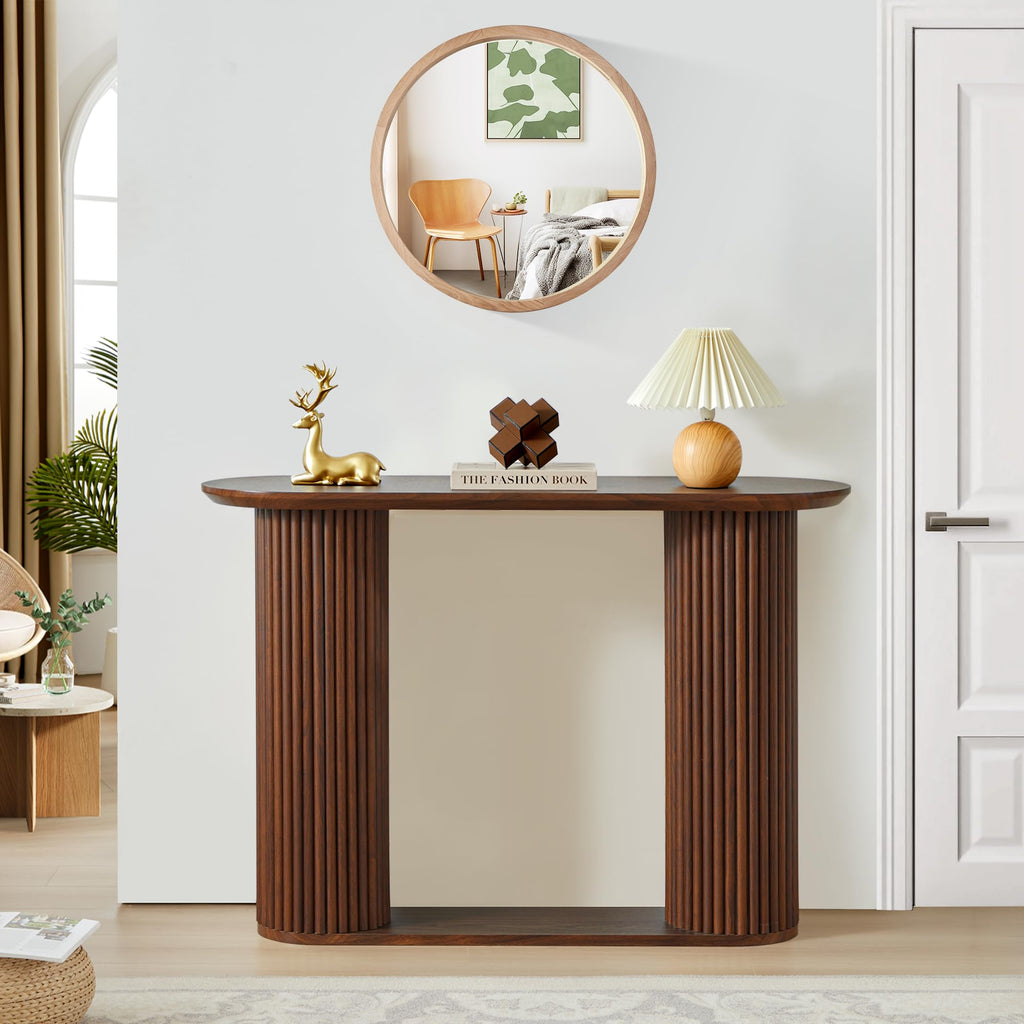 Fluted Console Table, Farmhouse Oval Curved Entryway Table with Storage and Fluted Wood Legs, Narrow Small Long Entry