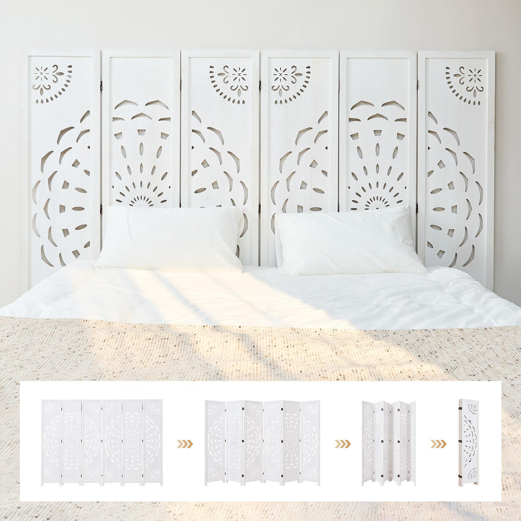 66.9Inch Wooden Room Partition - 6 Panels Boho-Styled Space Room Divider /Office, Headboard & Yoga/Photo/Video Call