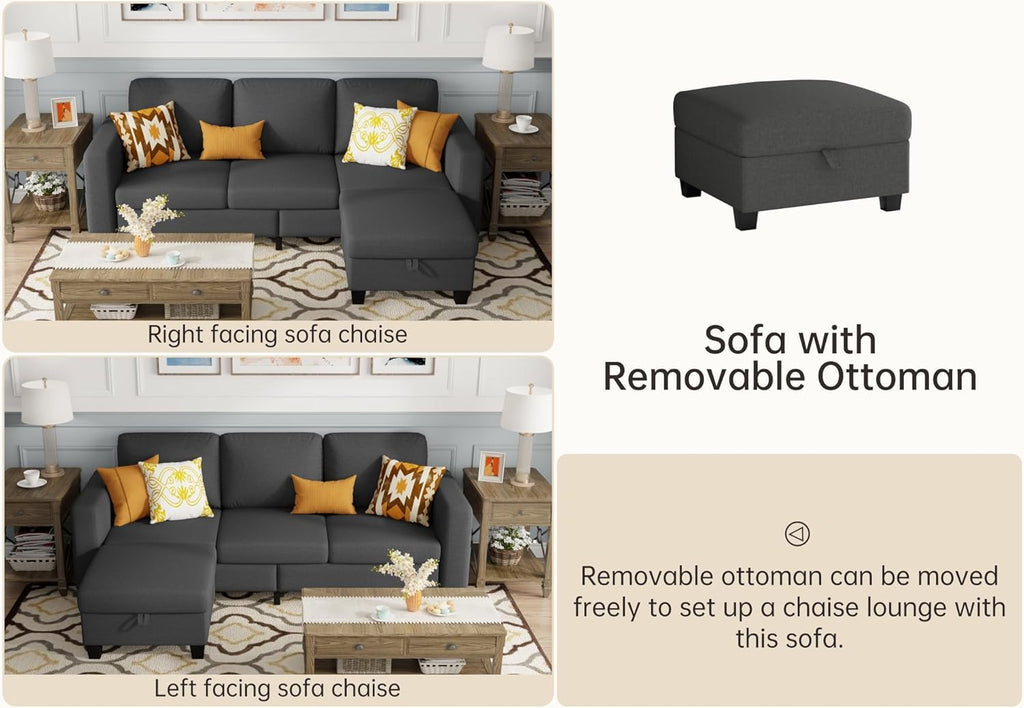 Sectional Couches for Living Room Convertible 78" Small L Shaped Grey Couch 3 Seater Sofas with Storage Removable