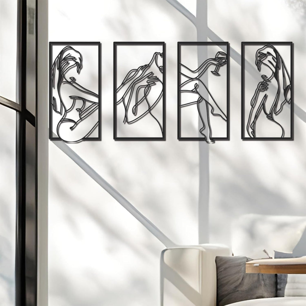 4-Piece Set - Minimalist Elegant Female Body Line Decor, Abstract Metal Wall Art, and Living Room - Set of 4