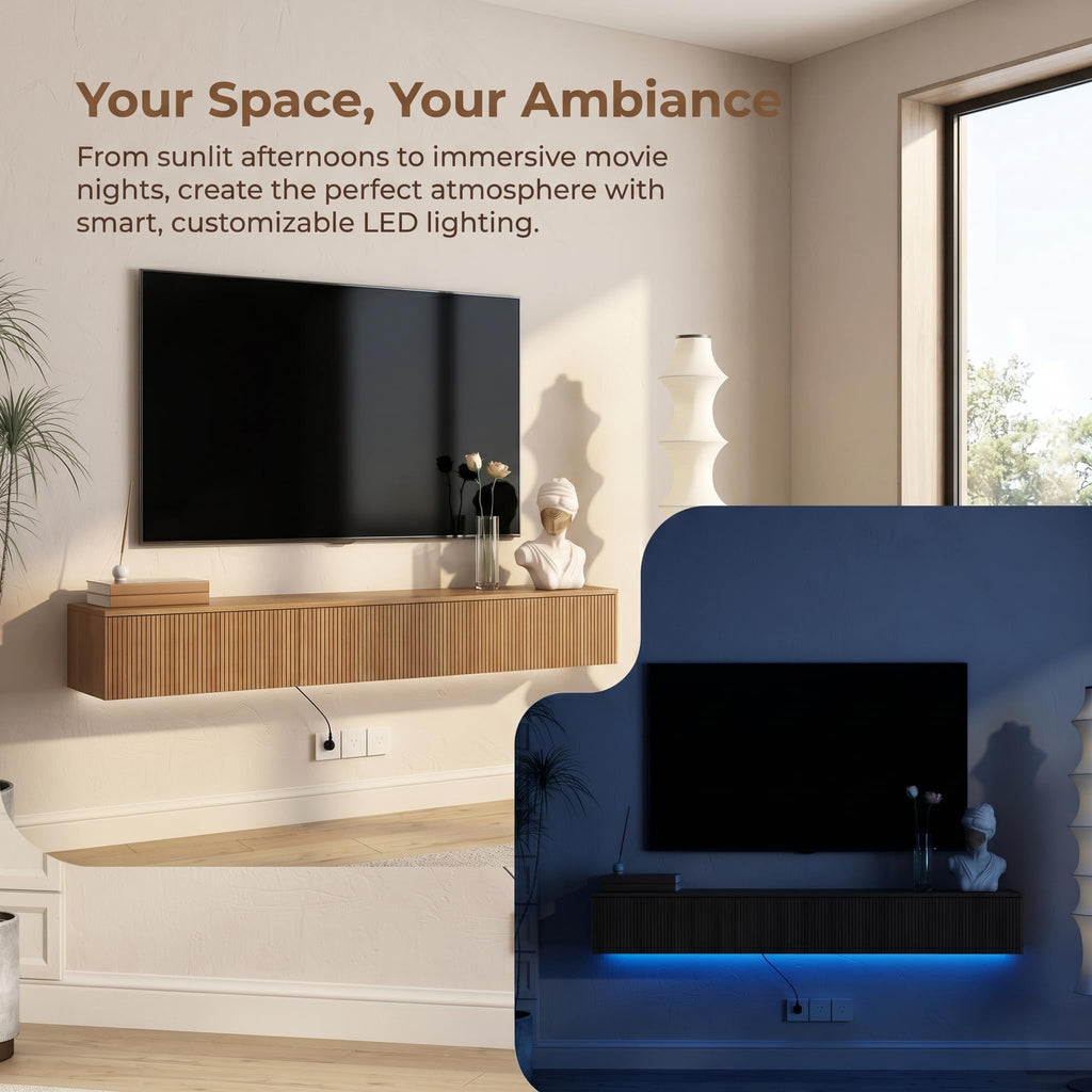65" Floating TV Stand Wall Mounted, 16-Color LED 4 Modes Modern Fluted TV Console with 3 Flip-Down Cabinets