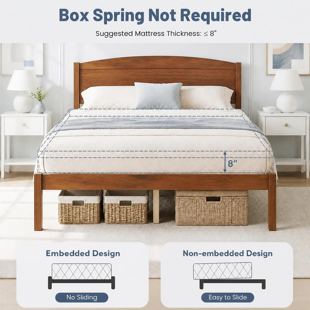 Full Size Bed Frame, Wooden Platform Bed with Curved Headboard