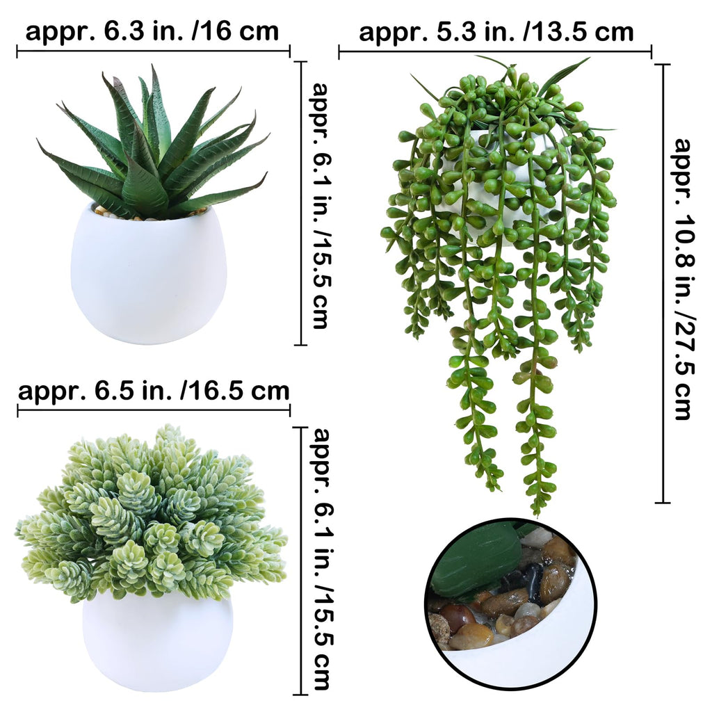 Set of 3 Assorted Artificial Succulent Plants in White Concrete Pots Faux Aloe Hops String of Pearls Potted Plants
