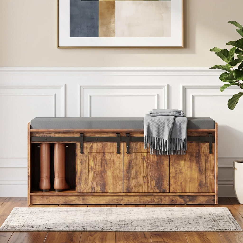42" Farmhouse Shoe Storage Bench, Rustic Brown, 2pc