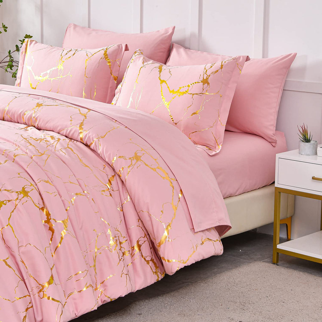 Gold Metallic Marble Comforter Set Queen Size, 7 Piece Bed in a Bag, Foil Print Glitter Pink Comforter and Sheet