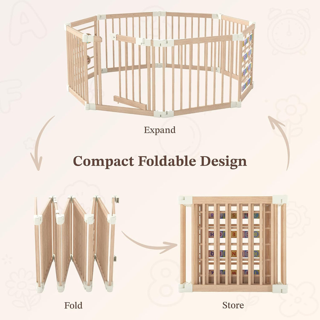 Wooden Baby Playpen, 8-Panel Foldable Play Yard with Built-in Toys | 54 x 54 x 24 in Large Adjustable Baby Fence with