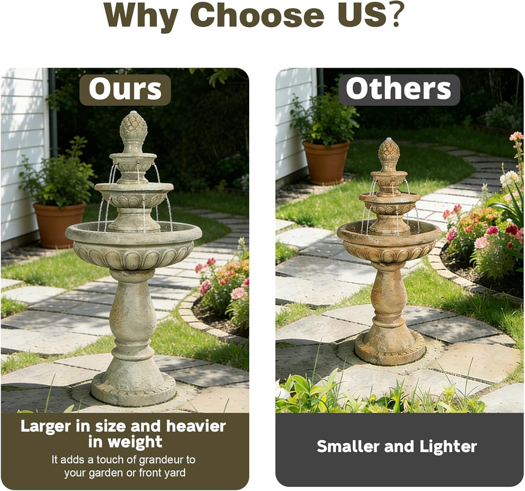42.5" Water Fountain Outdoor - Large Waterfall Fountain Outside, 3-Tiers Cascading, Fiber Reinforced Concrete