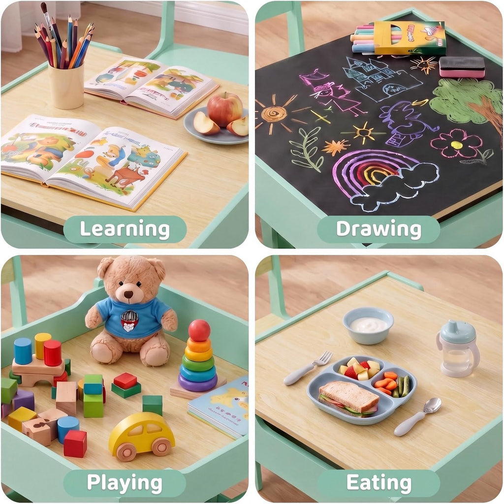 Kids Table & 2 Chairs Set, 4 in 1 Wooden Activity Table w/Bookshelf