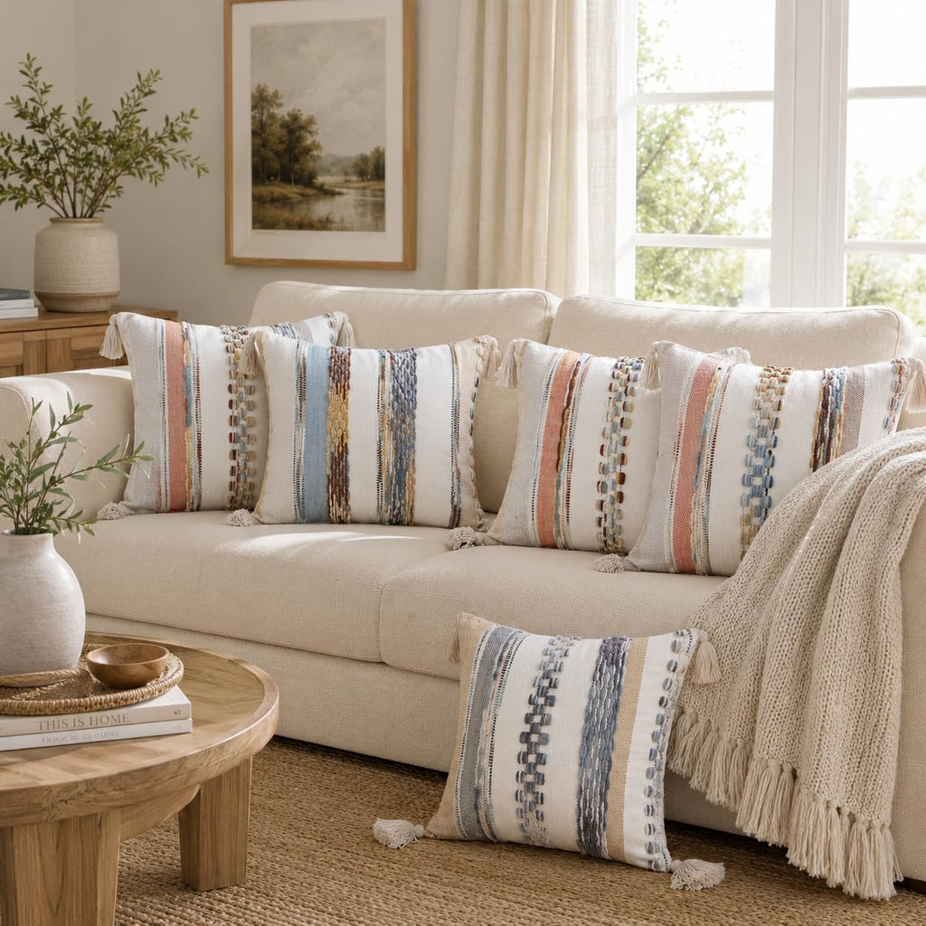 Boho Decorative Throw Pillow Covers 18x18 Set of 2, Striped Chenille Tufted Pillow Covers with Tassels for Couch Bed