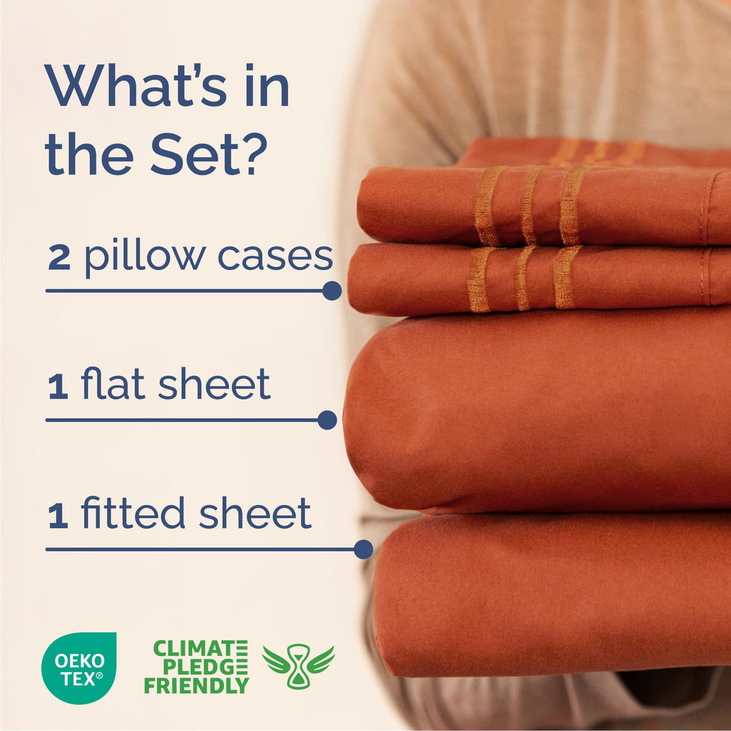 Queen Size 4 Piece Sheet Set - Breathable & Cooling Sheets - Terracotta