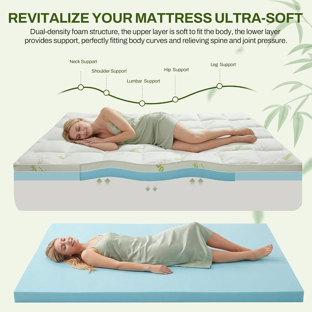 Queen Memory Foam Mattress Topper, 4 Inch Dual Layer Gel Foam Mattress Pad with Soft Pillow Top Cover, Viscose Made