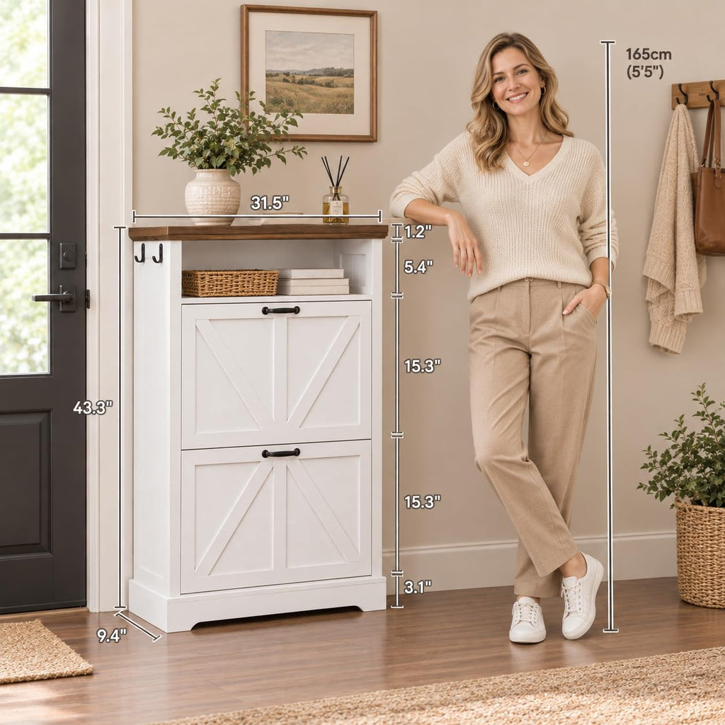 Farmhouse Freestanding Shoe Cabinet, 31.5" White