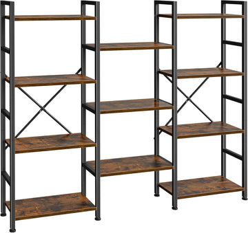 Triple Bookshelf, Bookcase with 11 Open Display Shelves, Wide Book Shelf Book Case, 4 Tier, Brown,ABC009Z