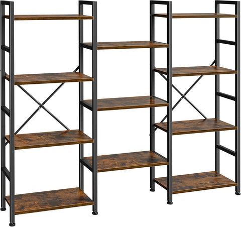 Triple Bookshelf, Bookcase with 11 Open Display Shelves, Wide Book Shelf Book Case, 4 Tier, Brown,ABC009Z