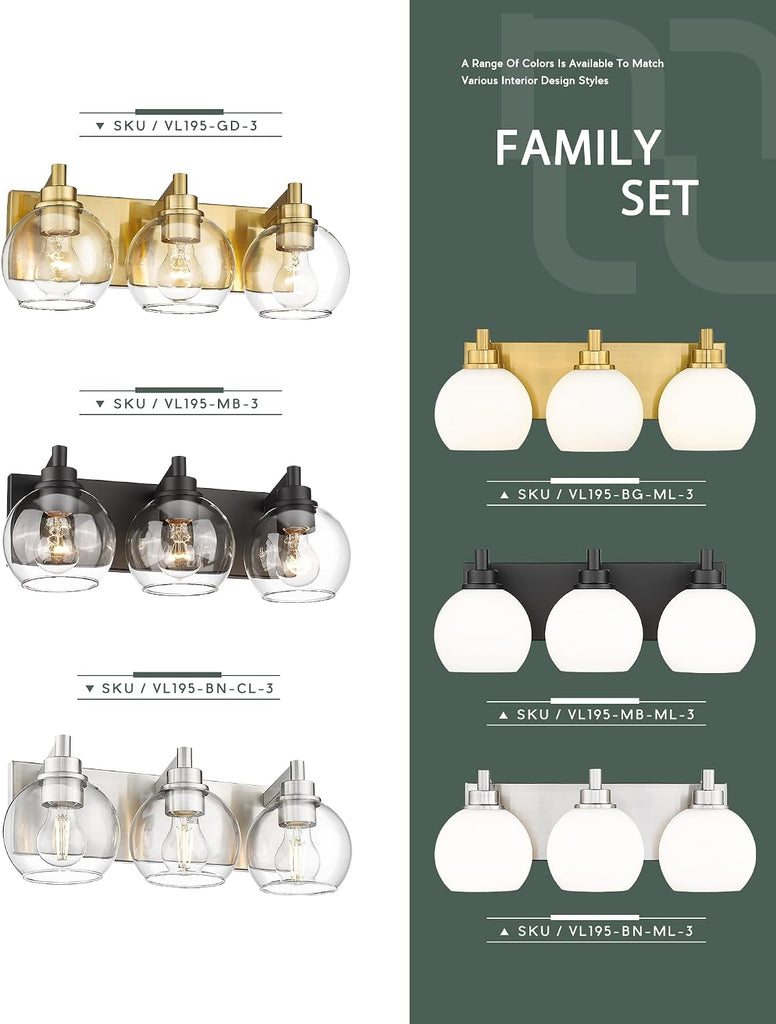 Bathroom Light Fixtures, 3-Light Brushed Nickel Vanity Light, Modern Wall Sconces with Globe Clear Glass Shade