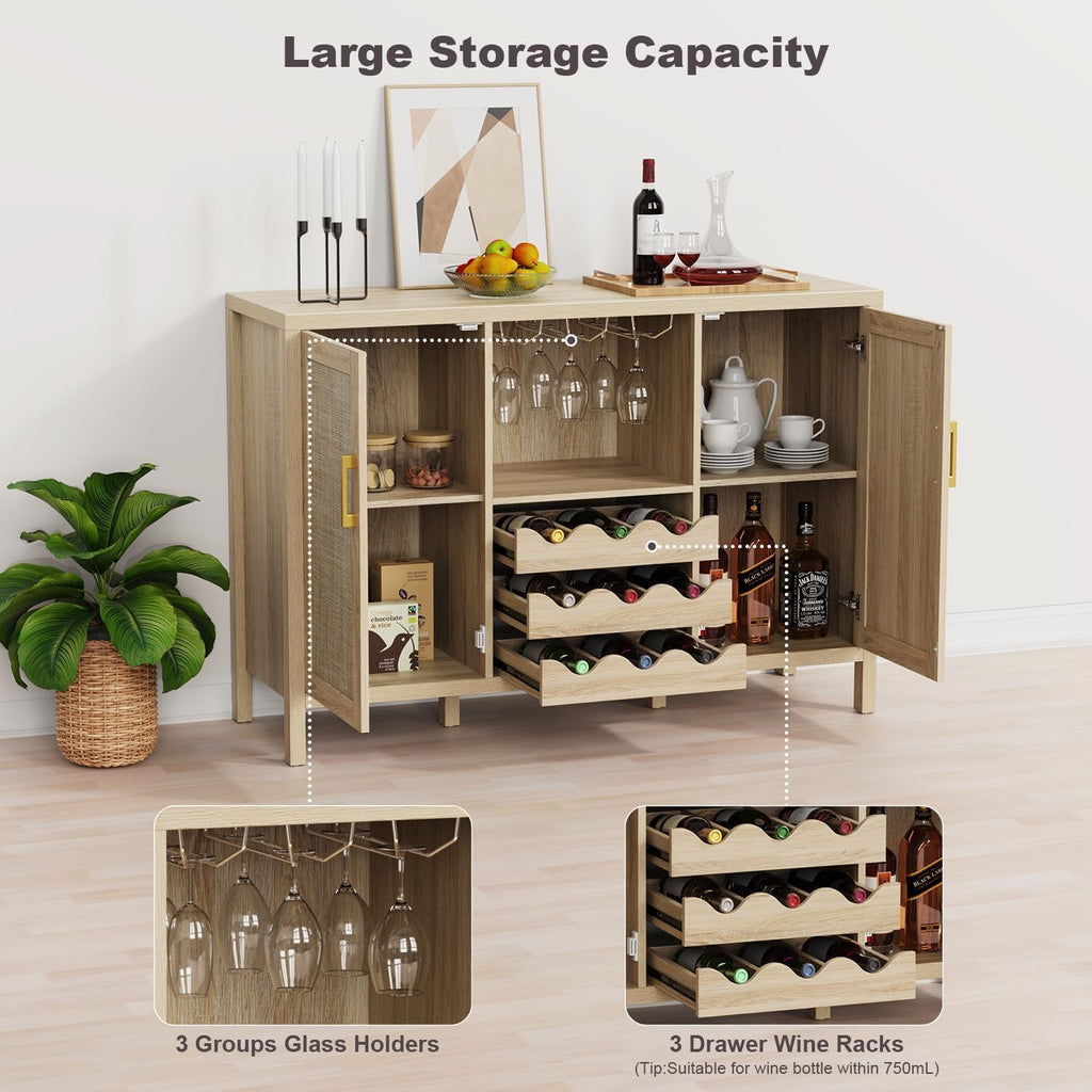 Rattan Wine Bar Cabinet, Boho Rattan Home Bar with Glass Holder and Drawer Style Racks, Oak Sideboard Buffet Storage