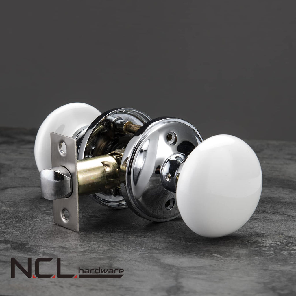 NCL White Door Knob, Porcelain Round Door Handle with Polished Chrome Plate