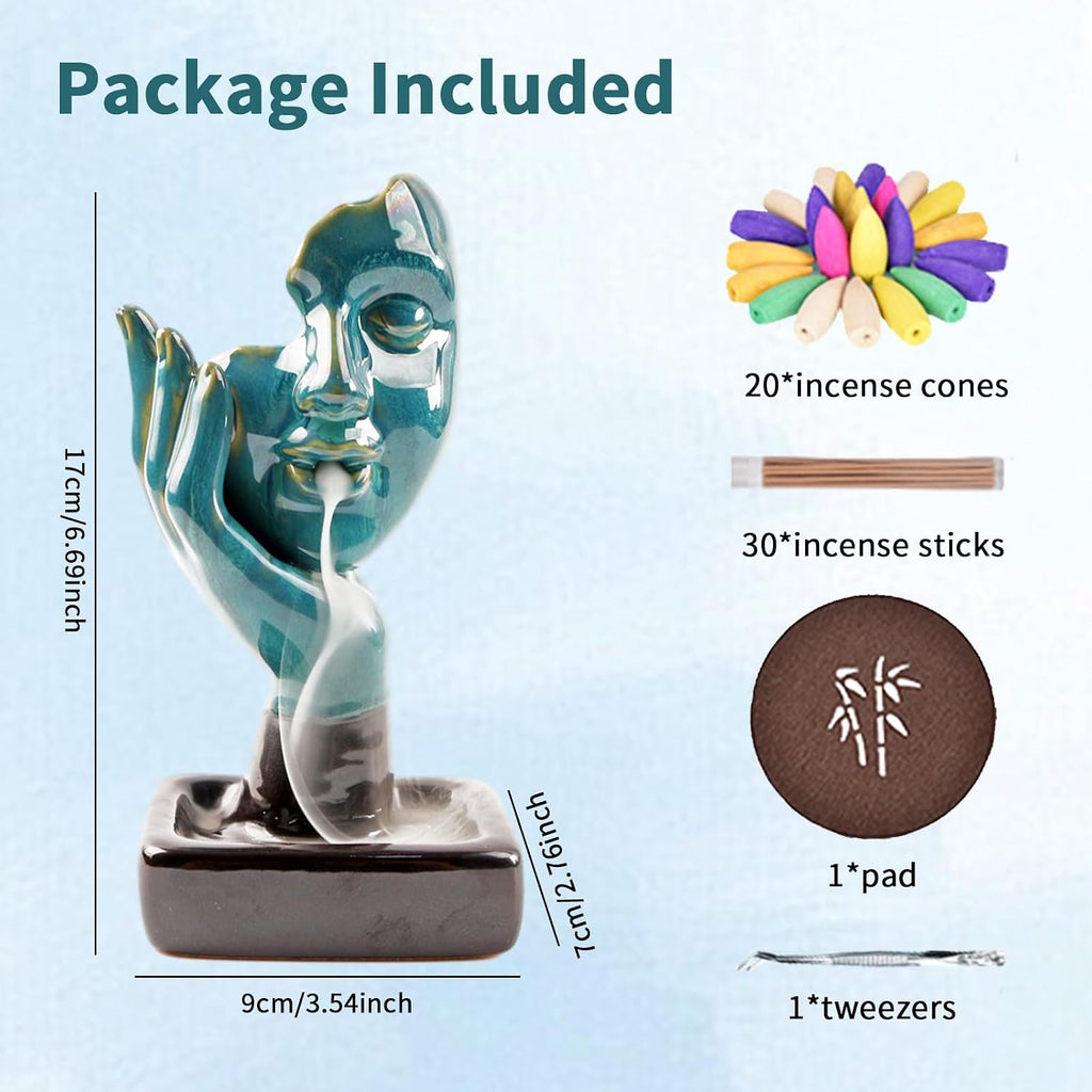 Ceramic Incense Holder,Meditative Backflow Waterfall Incense Burner,Face Thinking Incense Waterfall with 20 Backflow - Set of 51