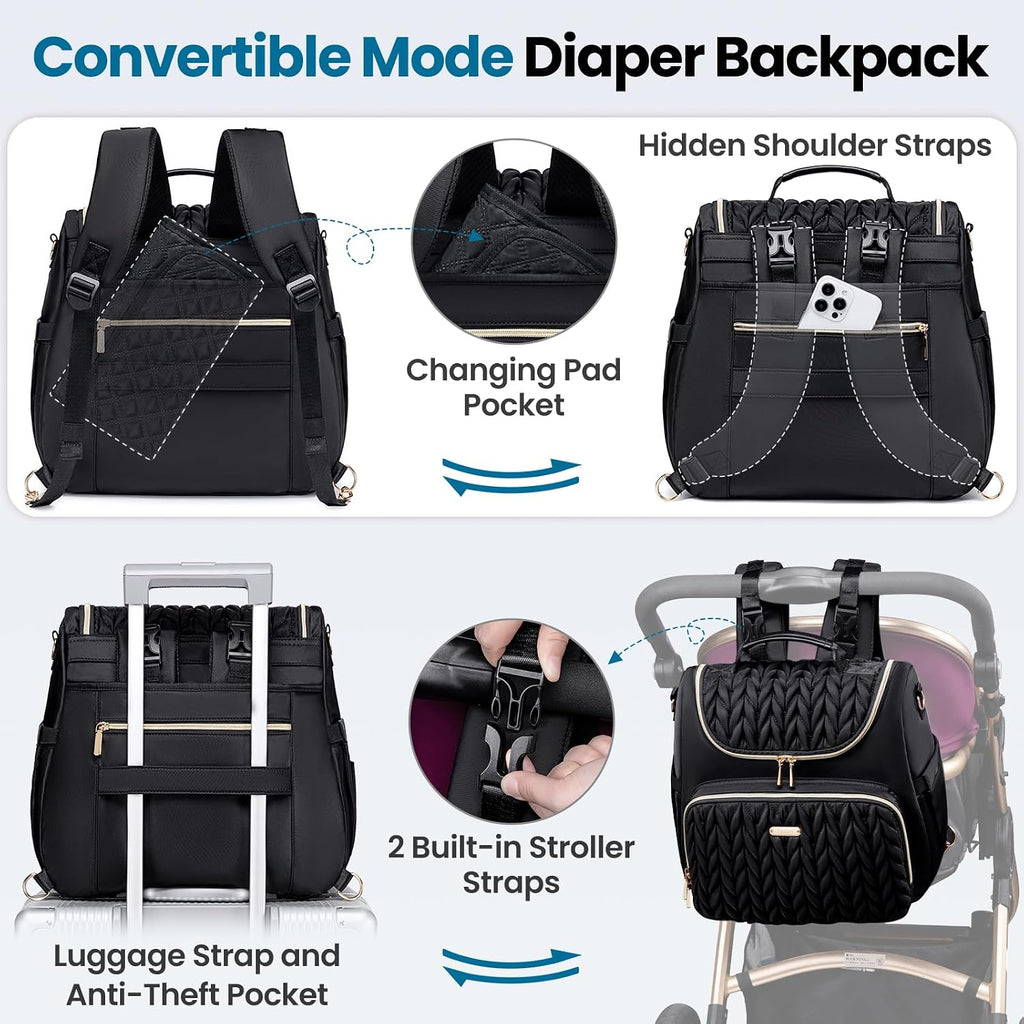 4 in 1 Convertible Diaper Bag Backpack,Waterproof Baby Diaper Bag with Changing Pad,Converts into Baby Tote