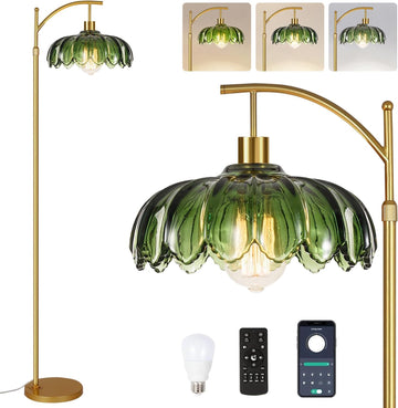 Gold Floor Lamps, Glass Floor Lamp with Remote Control & Green Lampshade, Arc Flower Lamp Dimmable Mid Century Modern