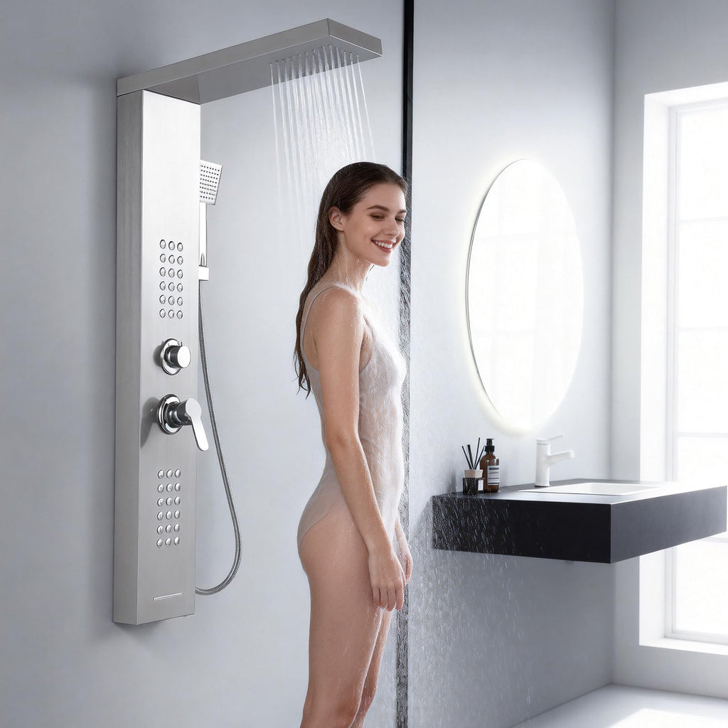 4 in 1 Rainfall Shower Panel Tower with Powerful Body Jets, Brushed