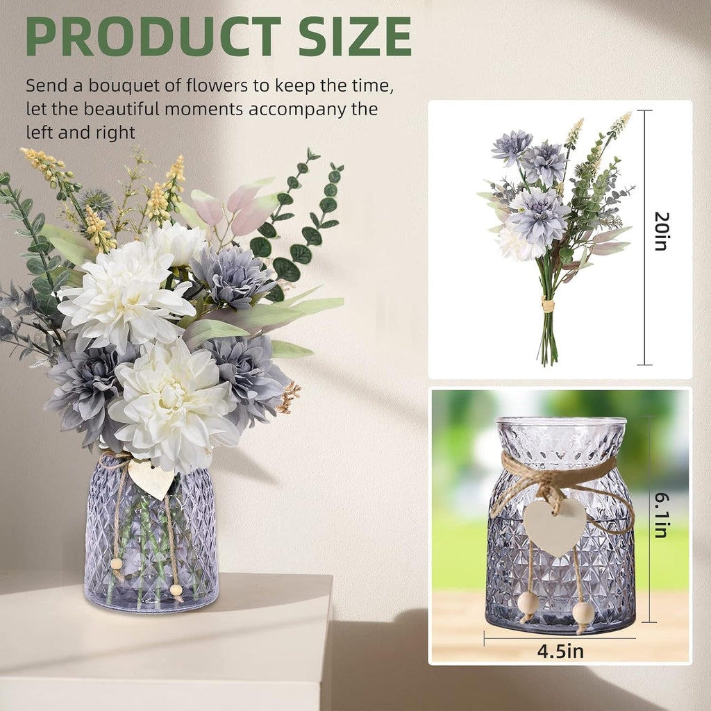 Blue Artificial Flowers with Glass Vase - Realistic Silk Dahlias Hydrangeas Bouquet with Wooden Heart Charm