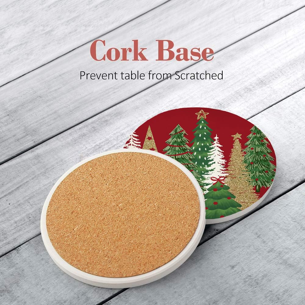 Christmas Tree Drink Coasters Set of 6, Round Absorbent Ceramic Coaster, with Metal Holder and Cork Base, Pine Tree