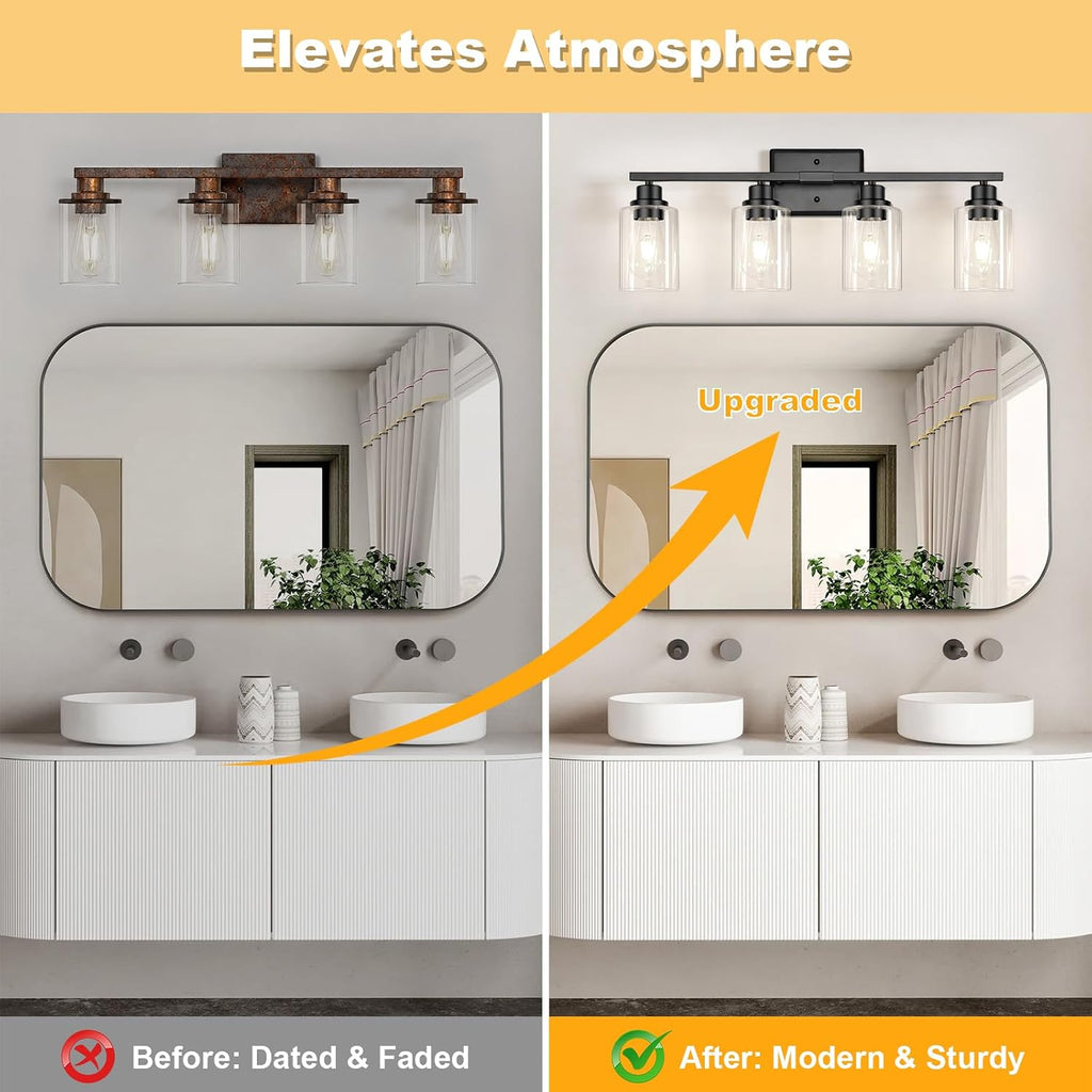 Modern Black Bathroom Light Fixtures, 4-Light Vanity Lights Over Mirror with E26 LED Bulbs Included, Wall Sconce with