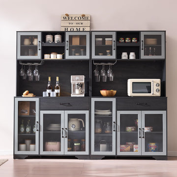 71" Pantry Cabinet with Wine Rack and Charging Station, Set of 2 Tall Coffee Bar Cabinets with LED Lights, Drawer
