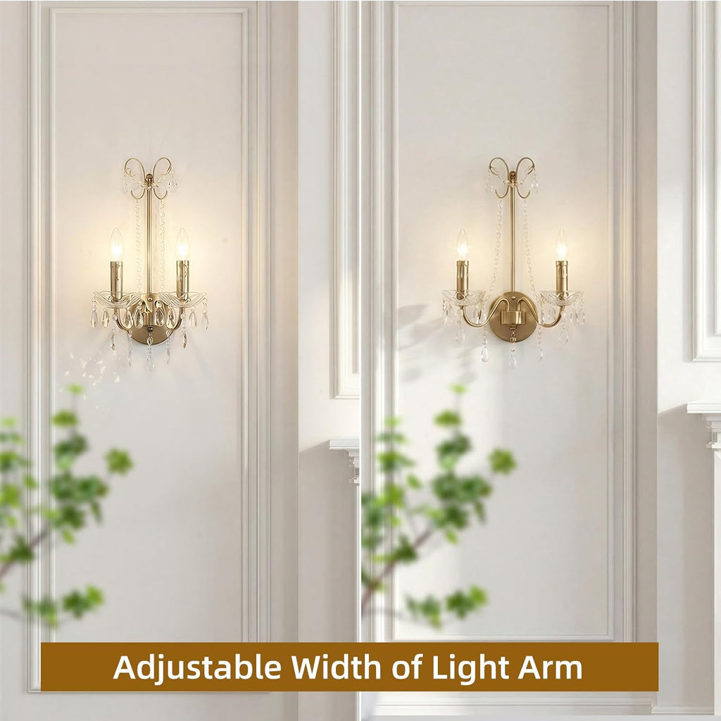 Crystal Wall Sconce Light, 2-Lights Hardwired Gold Wall Sconce with Crystal Dish Indoor Vintage Sconces Wall Lighting