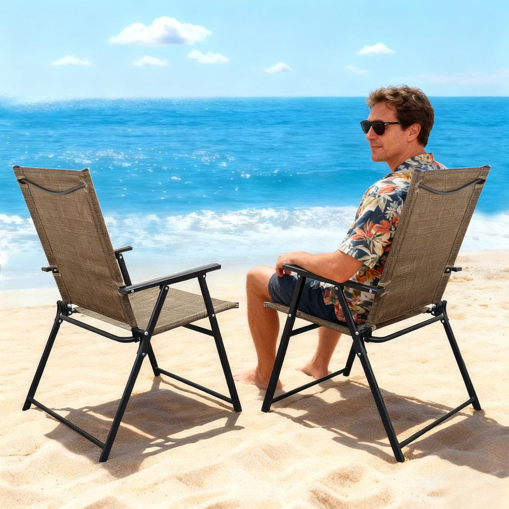 Folding Patio Chairs Set of 2 Stackable Outdoor Chairs with Armrests Backrest Portable Folding Chair Garden Camping