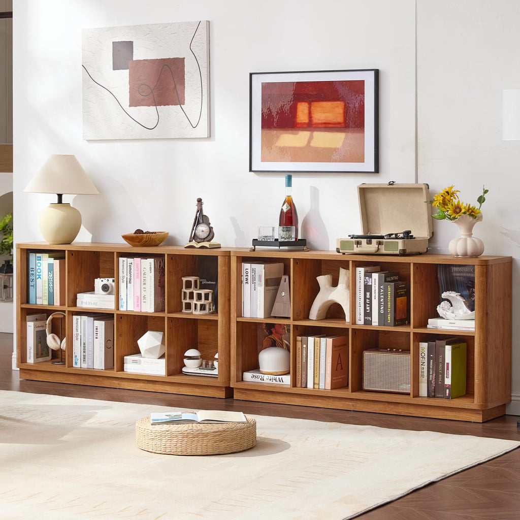 8 Cube Storage Book Shelf, 52" Long Horizontal Bookshelf with Curved Edge, Floor Standing Wooden Cubby Bookcase with