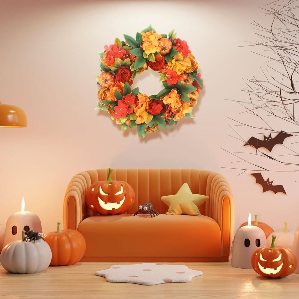 18In Fall Wreaths for Front Door, Bright Pumpkin Hydrangea Wreath, Peony Wreaths for Front Door Indoor Outdoor Autumn