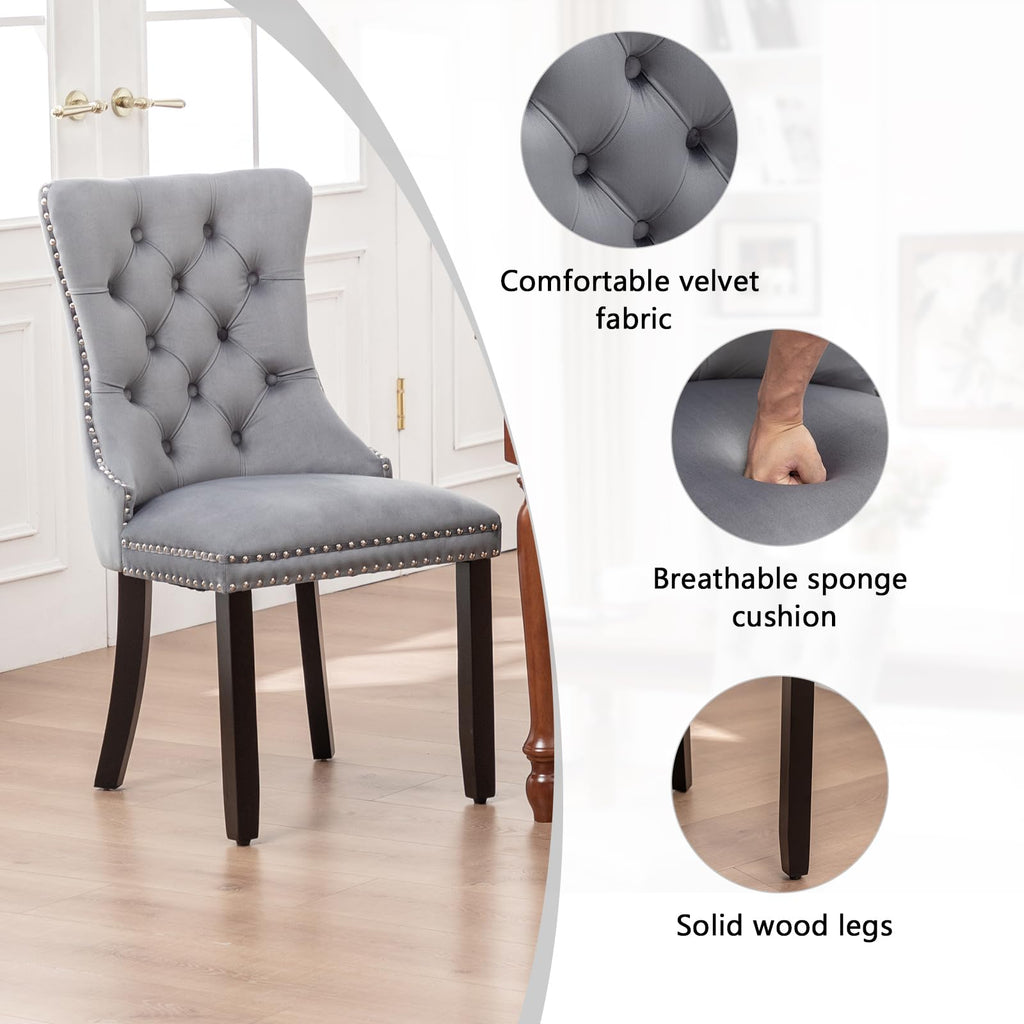 Velvet Dining Chairs Set of 2, Upholstered Dining Chairs with Ring Pull Trim and Button Back, Modern Seating (Grey)