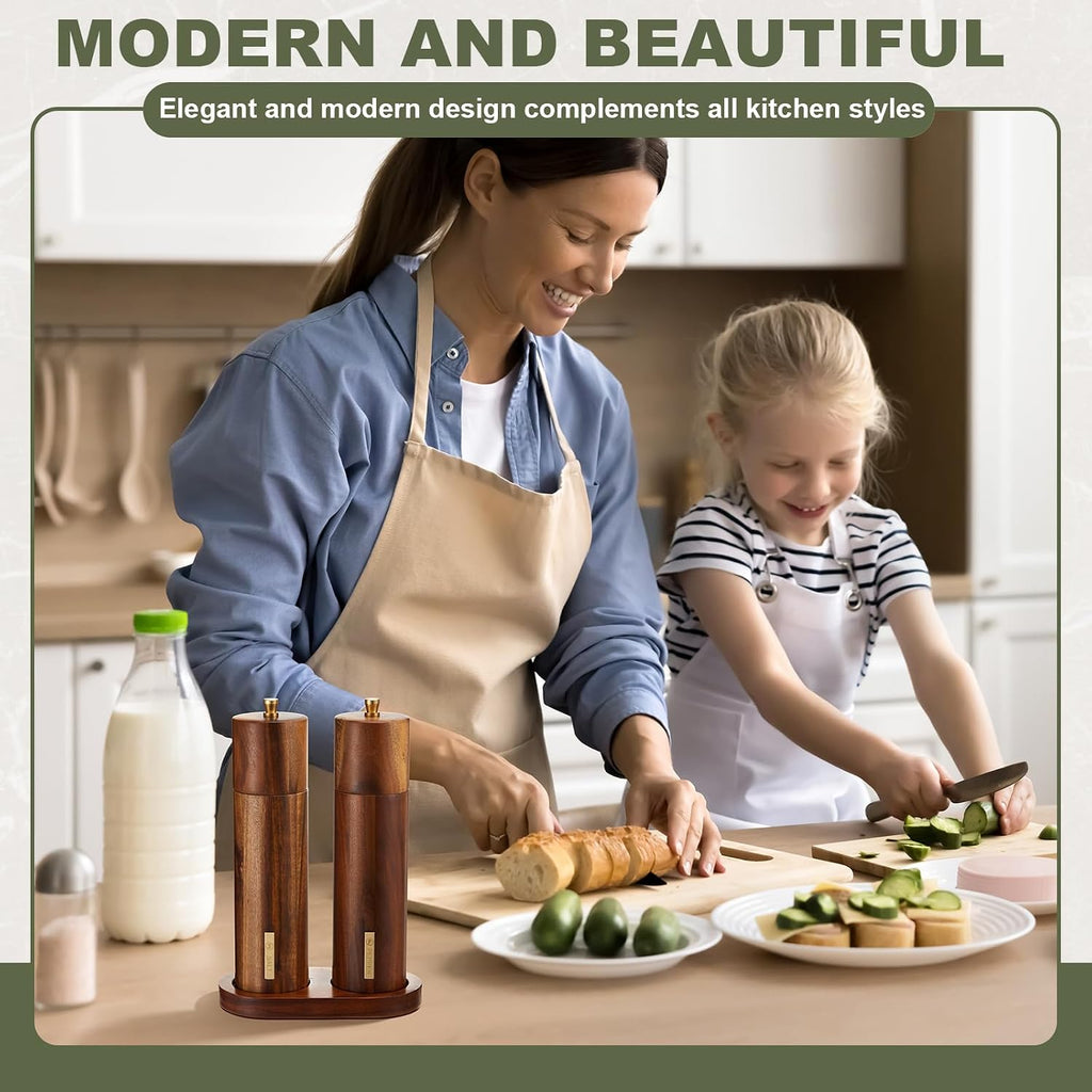 Wooden Salt and Pepper Mill Set with Tray,Wood Color,8 Inch